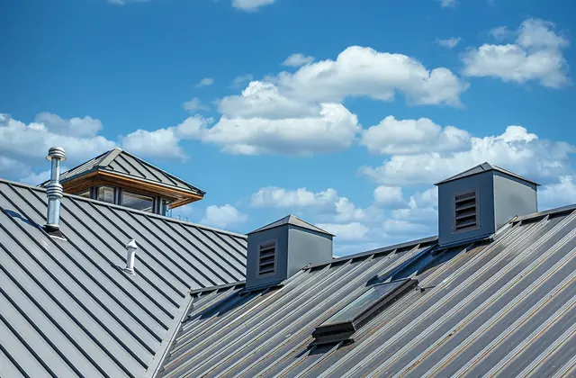 Gray standing-seam metal roof with a chimney and small dormer windows under a blue sky